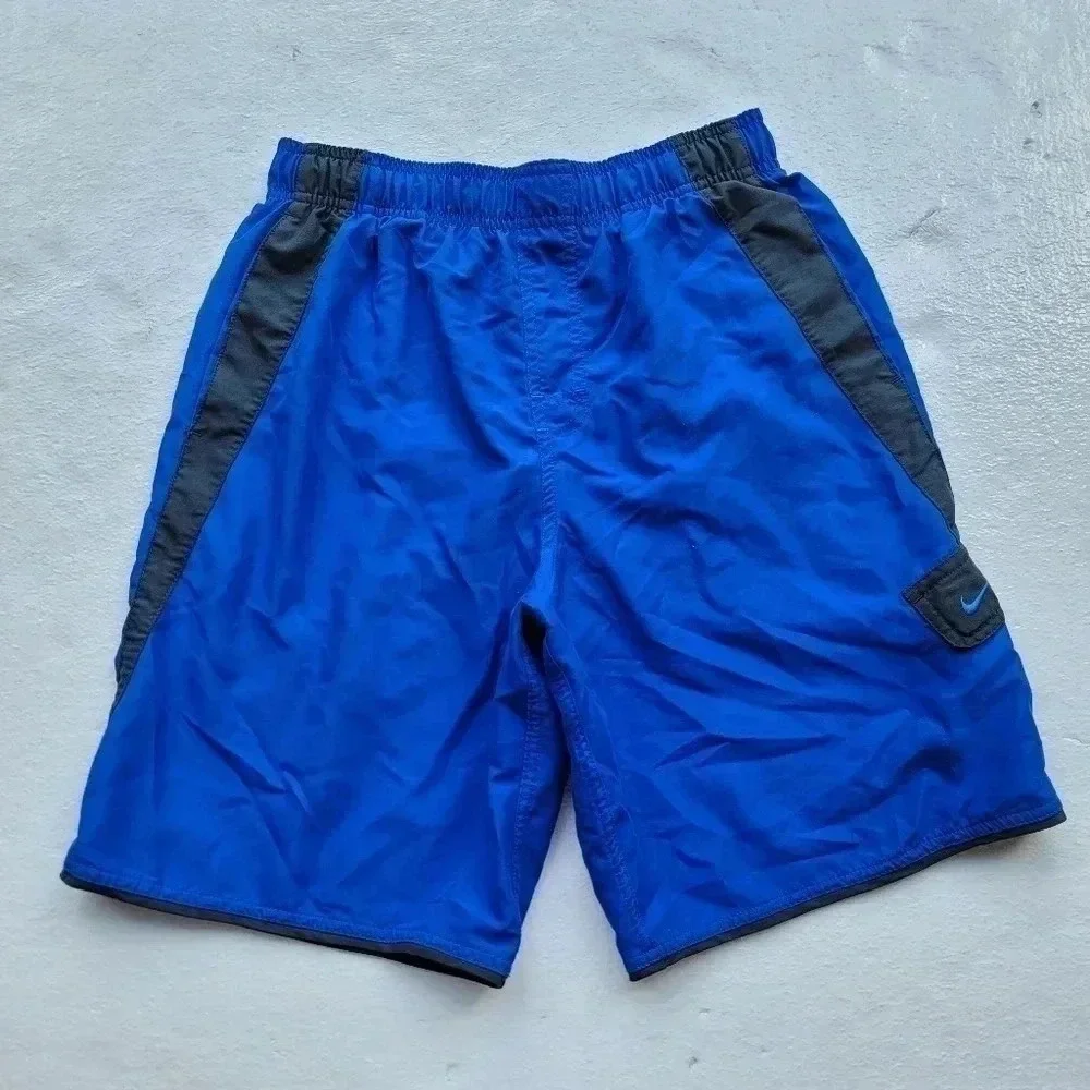 Nike Men's Swim Trunks Blue Black White Elastic Waist Drawstring Pockets Sz S